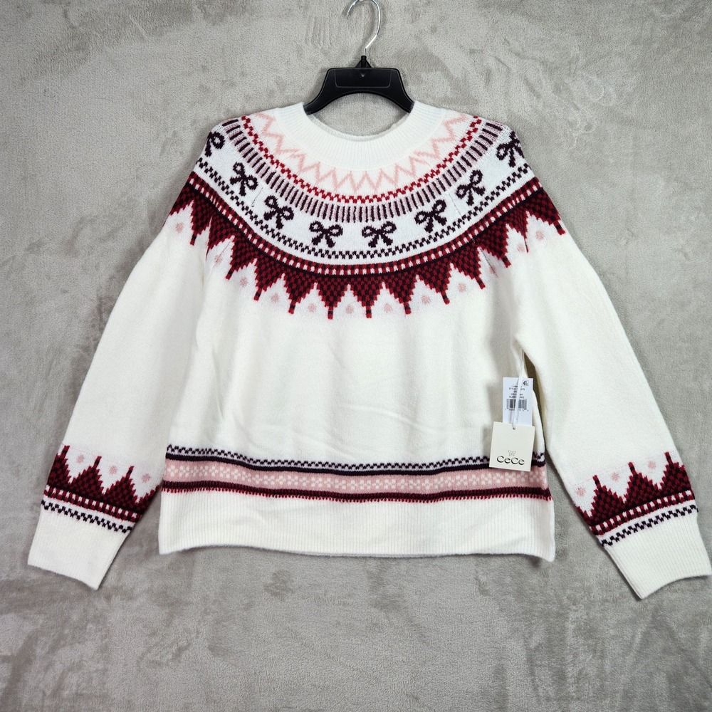 CeCe Fair Isle Bow Sweater Womens Large Glamour Red Festive Holiday Gorpcore New